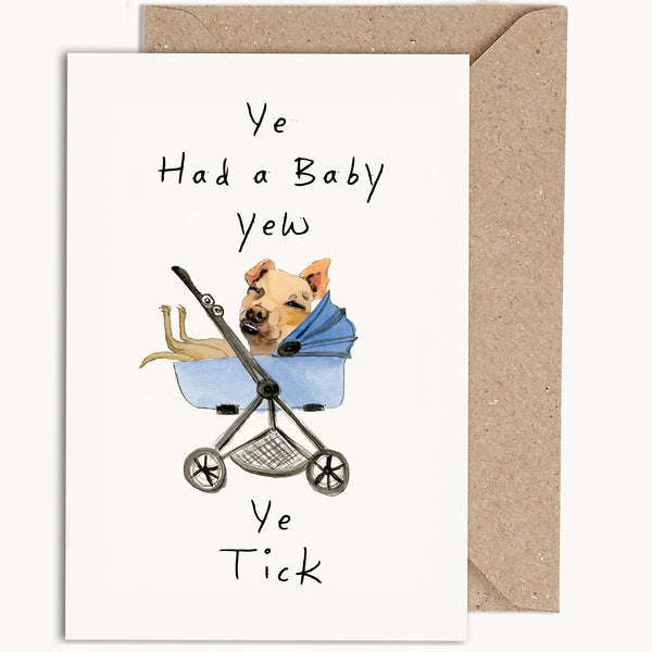 ye tick baby in pram greeting card