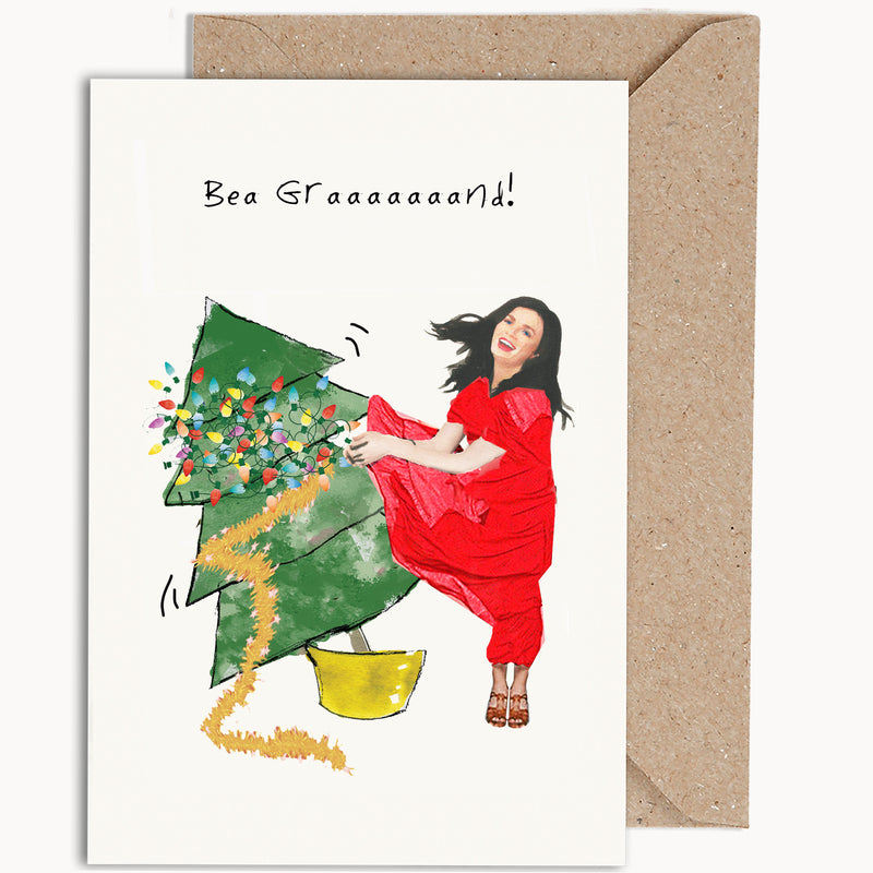 aisling bea with a christmas tree falling on her greeting card